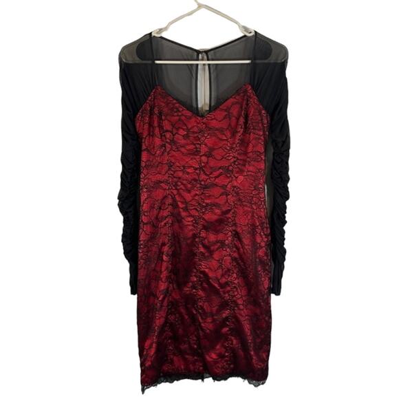 Bebe Black & Red Lace Overlay Ruched Long Sleeve Bodycon Dress Women Sz S - Picture 1 of 11